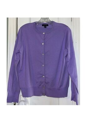 Lands' End Lavender Button-Front Cotton Blend Crewneck Cardigan